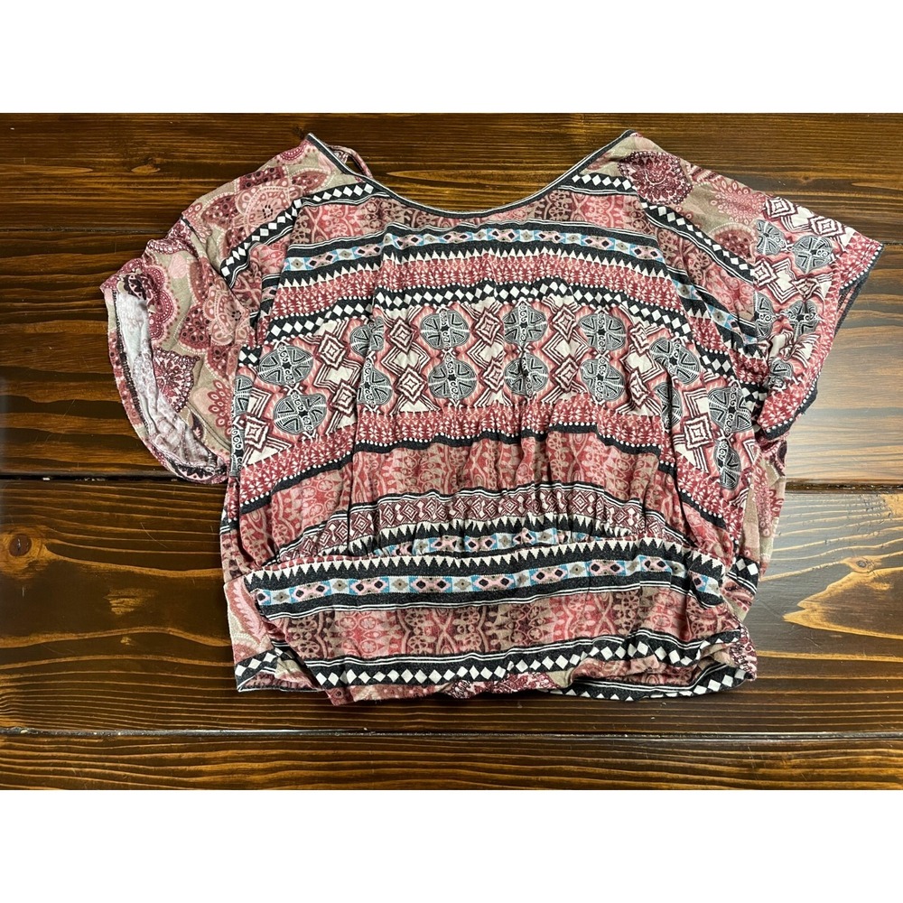 i.JOAH Shirt Blouse Women's Pink Black Aztec Short Sleeve Back Slit Round Neck